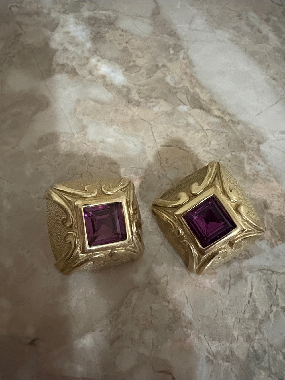 Vintage Gold-Tone Square Clip Earrings with Purple Stones - Vintage
